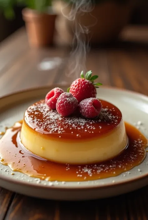 A decadent, rich caramelized dessert served elegantly on a porcelain plate. The dessert features layers of golden-brown caramel glaze, a silky custard interior, and delicate garnishes of spun sugar and fresh berries. Soft light highlights the glossy carame...