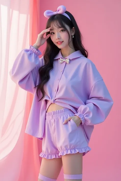 A cute Korean girl in cute clothes with bows posing for a kpop photoshoot.With a pastel pink background. Pastel purple clothes with black hair large  clothes 