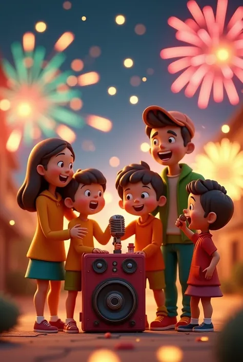 cute 3D image of a family wearing orange, green and yellow clothes doing karaoke together outdoors enjoying the atmosphere of New Years Eve with a background of fireworks and music tones logo