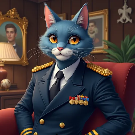 draw this a man anthropomorphic blue cat with brown eyes.  He is an admiral and wears a naval uniform with tie and jacket and the chest full of medals do it full body image in the living room of the officers casino decorated with frames and nautical object...