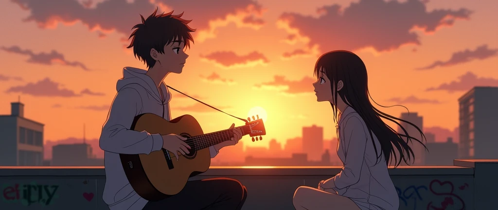 "A sad, anime-inspired scene of a young hip-hop artist sitting on a rooftop at sunset, holding an acoustic guitar and singing to the sky. Beside him, a girl sits quietly, gazing at him with a look of longing and sadness. The warm, golden hues of the settin...