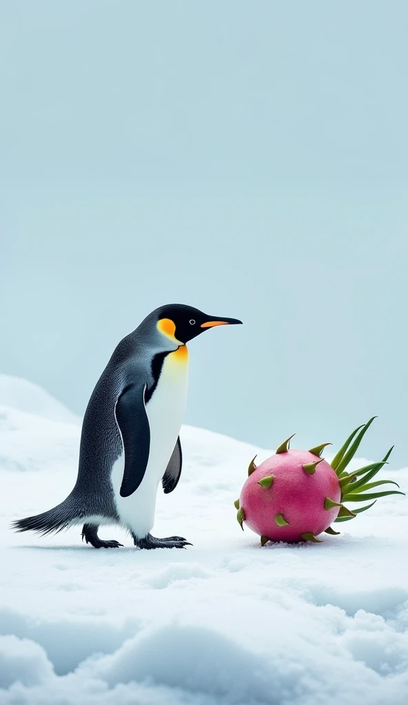 A penguin waddles across an icy surface, its sleek black and white feathers standing out against the snow. The penguin moves in its signature adorable, clumsy way, its flippers flapping slightly for balance. Nearby, a large dragon fruit lies on the snow-co...