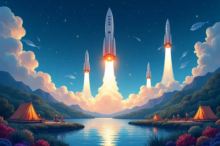 Color digital illustration,  presenting the new tourism trends of 2025 : space tourism with rockets in the starry sky ,  underwater hotels in the blue depths of the ocean with fish and corals ,  eco-glamping in green hills with tents and lights around the ...