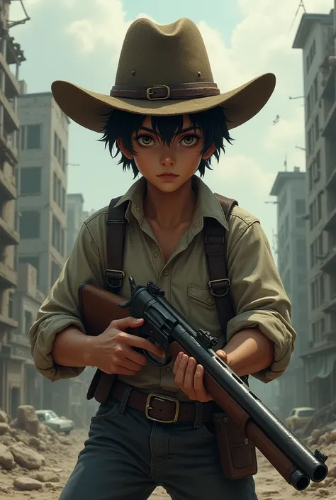 A teenage boy with black hair and a cowboy hat and a zombie ravaged world ready to fight holding a weapon