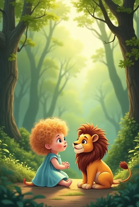 
Here’s a prompt based on the story you requested:

Prompt:
"Create an illustration of a little baby named Mia with golden curly hair, wearing a light blue dress, sitting next to a baby lion in a lush green forest.