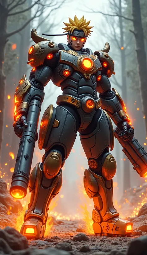 create 32k hybrid muscular, dangerous fusion of Naruto Uzumaki and War Machine, standing in a powerful, untamable pose in a Fantasy World. The fusion combines Naruto’s spiky blonde hair and chakra abilities with War Machine’s heavy artillery and advanced a...