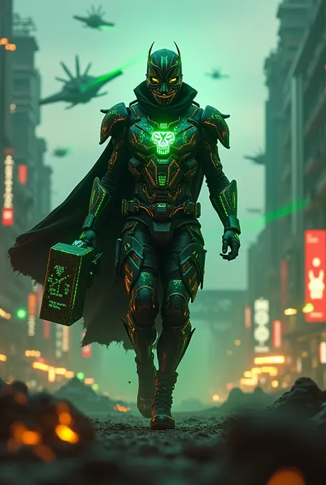 A mysterious male warrior inspired by the rebellious spirit of Anonymous strides boldly through a futuristic battlefield in the heart of Australia. His sleek armor is a fusion of black and glowing green, gold, and blue, with digital patterns of the Souther...