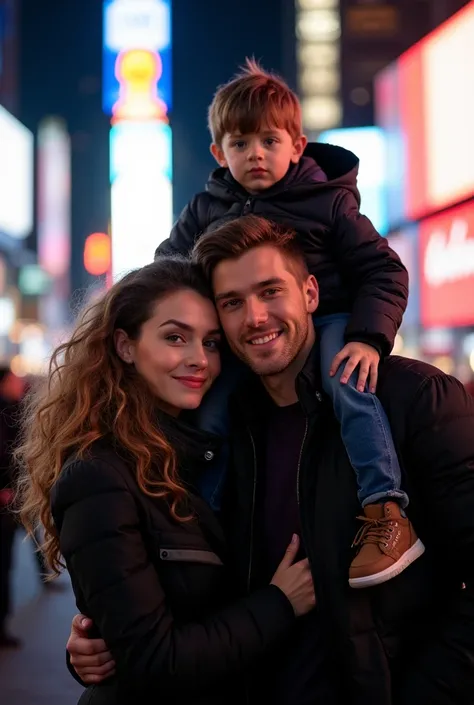  Create an image of a couple ,  the man holding a  on his shoulders .  They are at the turn of the year in Times Square at night .  with illuminated signs with the text  " Happy New Year visible on the screens with fireworks.  A girl with light white skin ...