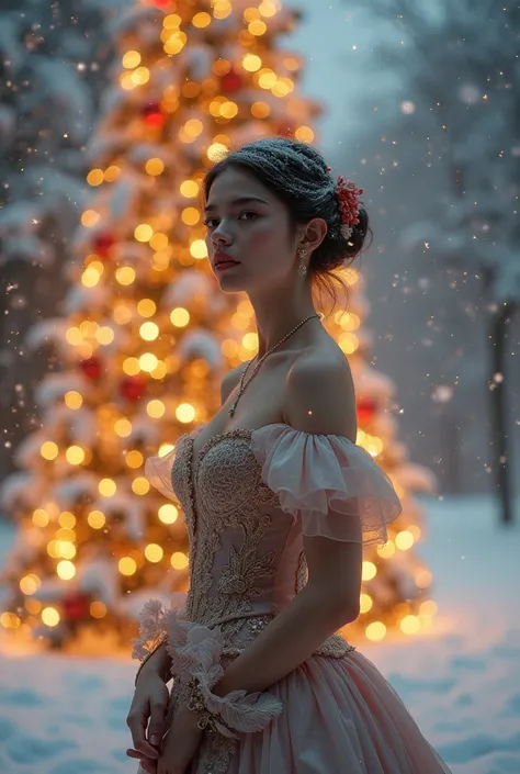 In a picturesque snowy landscape, a young baroque woman stands poised in an ornate, luxurious dress that showcases elaborate lace and detailed embroidery. The rich fabric of her gown undulates softly in the winter breeze, reflecting the hues of the grand N...