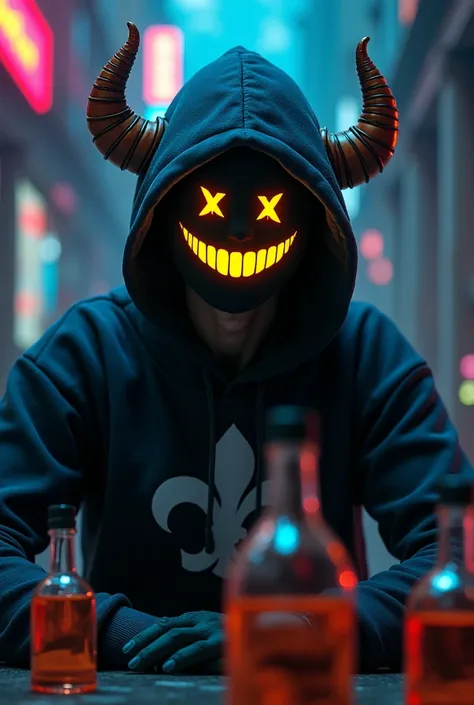 French hoodie mask with yellow smile horns hacker bottles