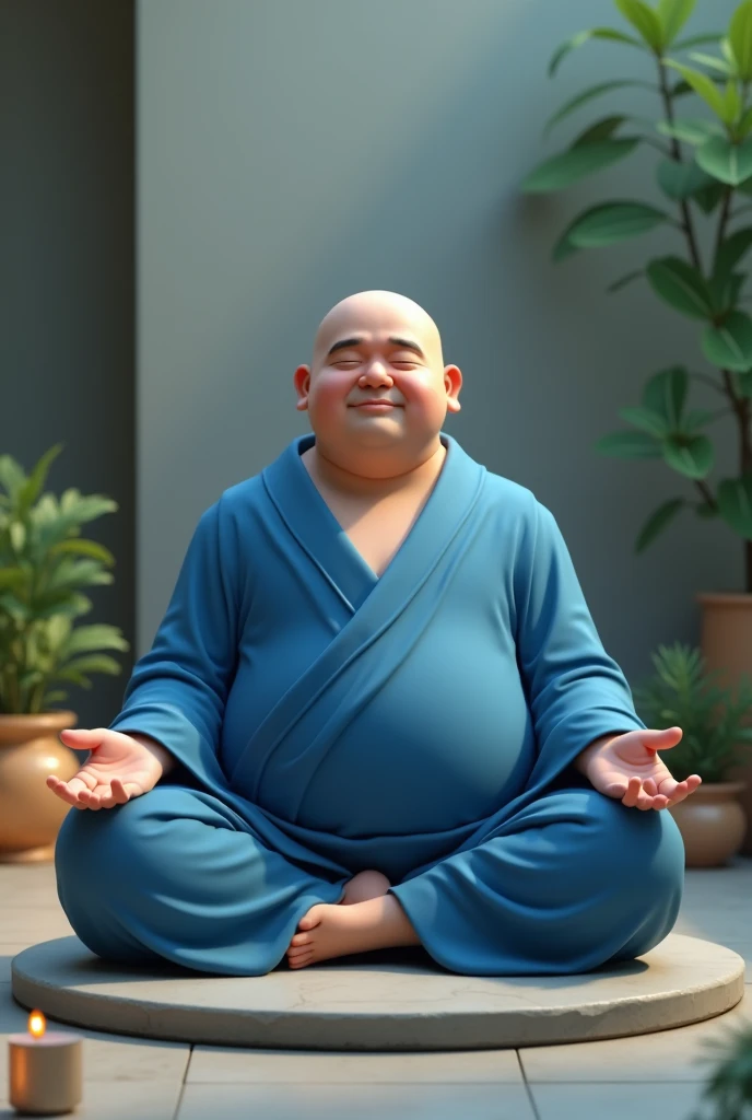 A chubby monk , and 3D ,  in a blue suit in a yoga position