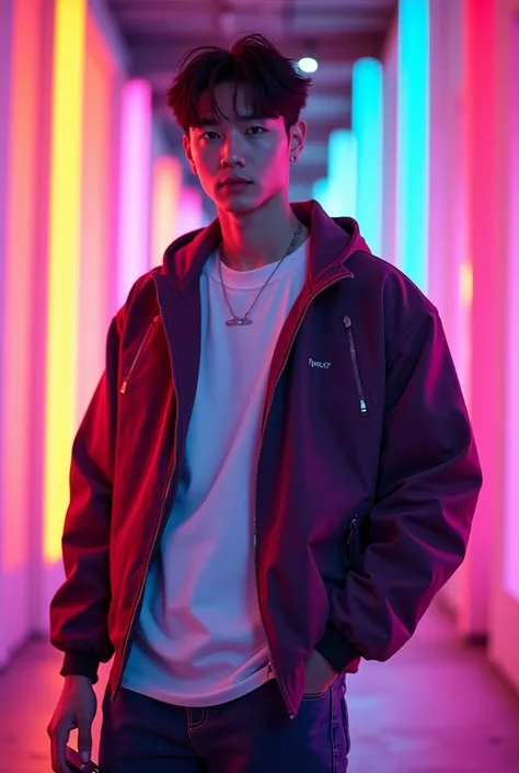 make a korean boy, in casual clothes, with a cell phone  in his hand, make him pose for a kpop photoshoot. neon background. 