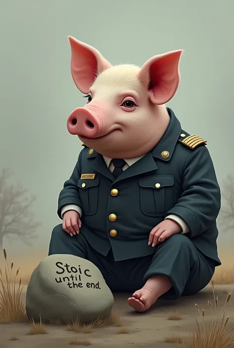 I created an image of a pig wearing a uniform sitting contemplating looking at a rock with the inscription Stoic Until the End