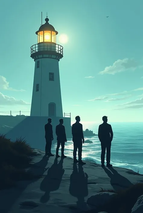 A lighthouse on a bright sunny day, but its shadow reveals ghostly silhouettes of men staring into the sea