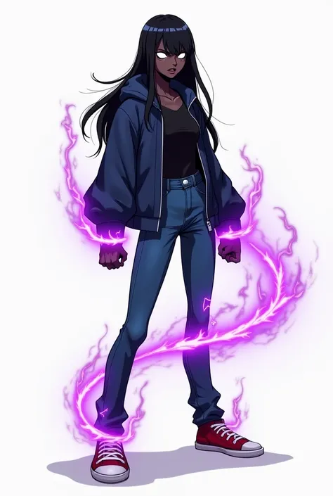  Humanoid creature with completely dark black skin, looking like a young adult girl,long straight black hair,empty white angry eyes without pupil ,serious mouth,Dins blue jacket ,ordinary black blouse , blue dins pants , red sneakers ,angry look, in battle...