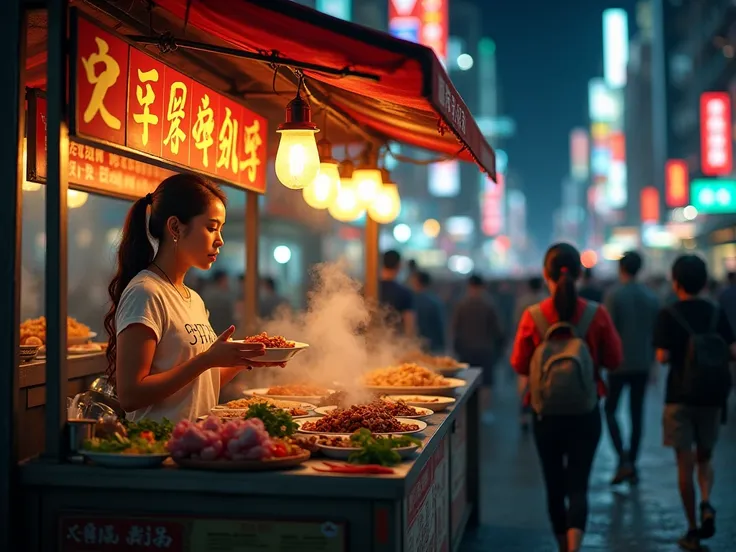 Realistic image of Asian street food stall, people passing in both directions, young Asian female vendor, city, night