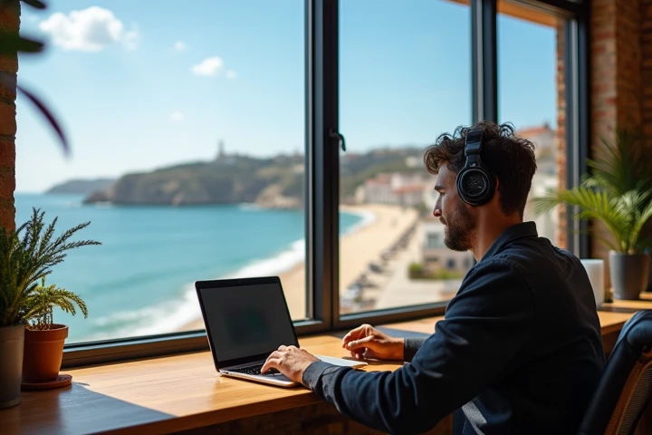  A modern space for digital nomads :  stylish coworking area with panoramic ,  windows overlooking a tropical beach  (Points)  headphones or the cozy streets of a European city  (Lisbon ).  In the foreground is a laptop on a wooden desk , A cup of coffee, ...