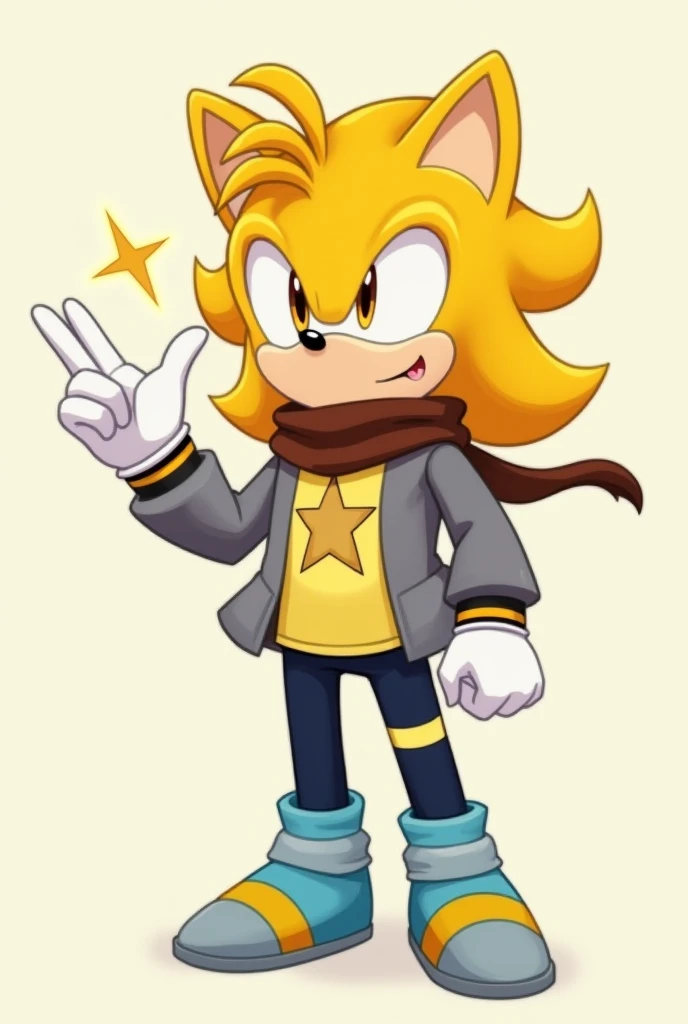 A golden yellow hedgehog with a fucined light skin color with brown eyes wearing a light yellow shirt with a star design in the center along with a gray jacket, dark blue leggings with light blue stripes with white socks and gloves with light blue and yell...