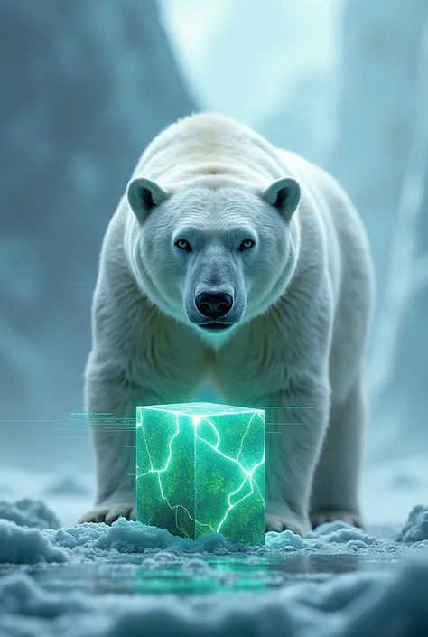 make me a picture of a polar bear staring at a glowing green cyber box with a modern green crack in the box