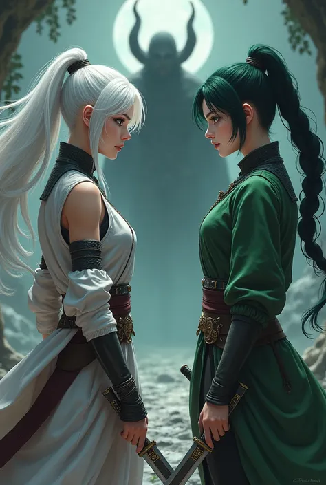 girl with white hair color , The sharingman,  girl with dark green hair color with braided ponytail , slim waist ,  19 years old  ,  eyes dark blue and warrior sword