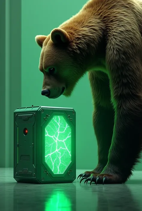 make me a picture of a grizzly bear staring at a glowing green cyber box with a modern green crack in the box