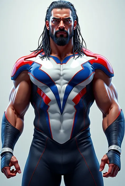 Roman Reigns in a super man outfit it is white and red and blue in colour very asthetic 