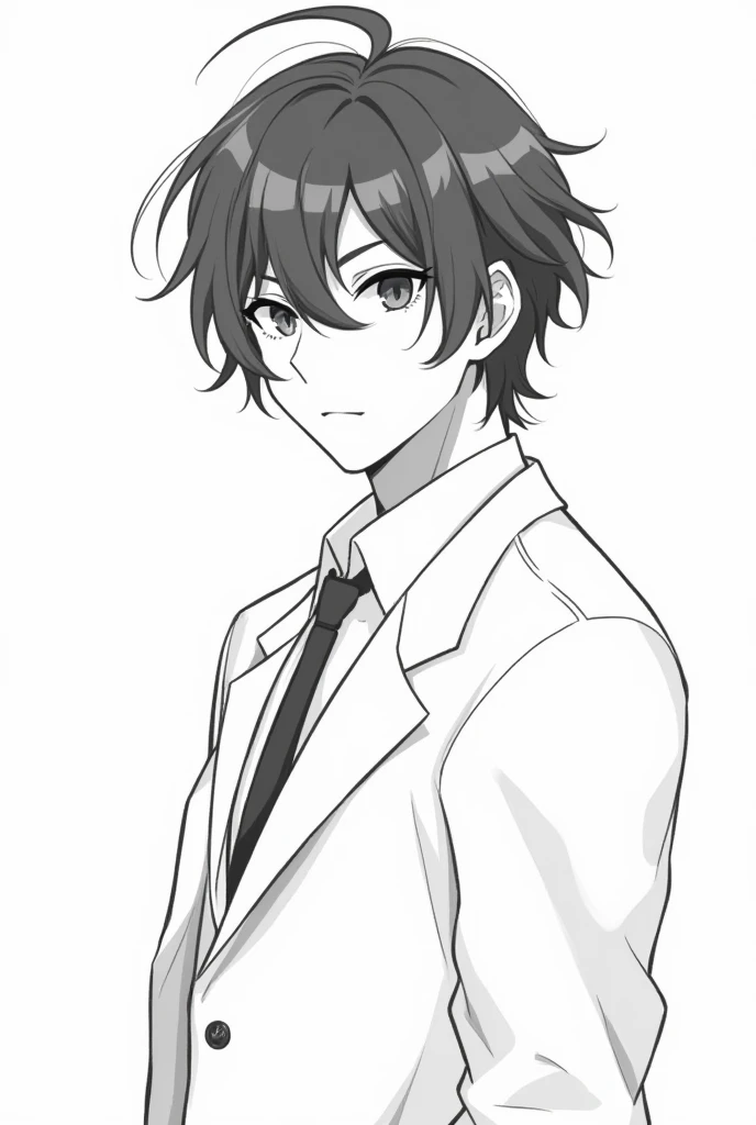 Draw an anime man in a white suit, a black and white picture, his hair a little long, slightly turned sideways.