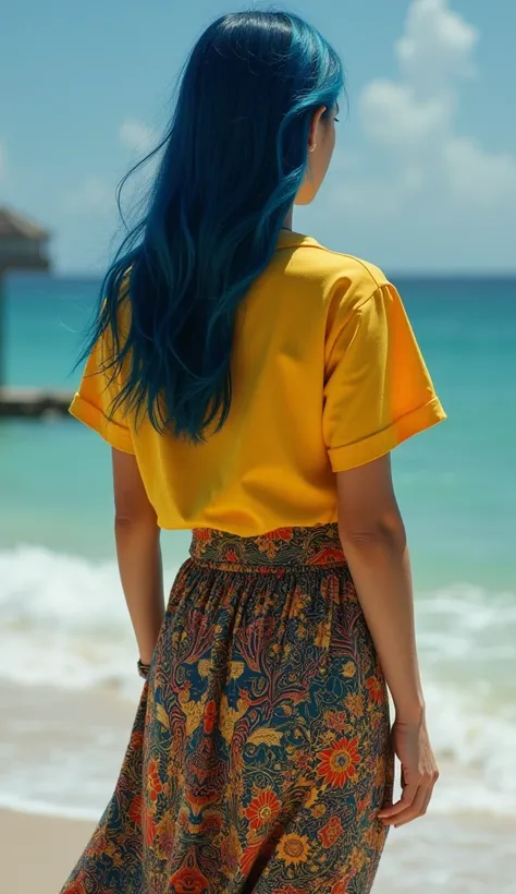 a beautiful Indonesian girl (20 years old, full body, long blue hair) wearing yellow shirt (very very very super realistic) with long super pencil batik skirt (with very super juicy mega smoothy big bottoms, look from back)