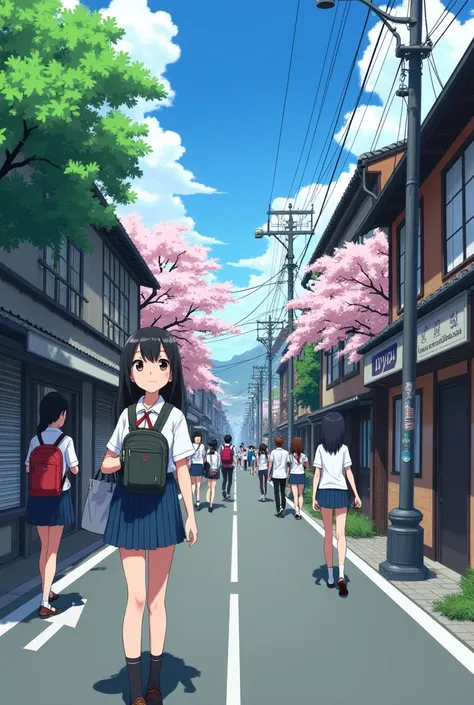 anime street ,  where people walk, students ,  in first person