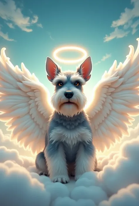 A picture of a schnauzer with a sky background that has wings and a halo on its head