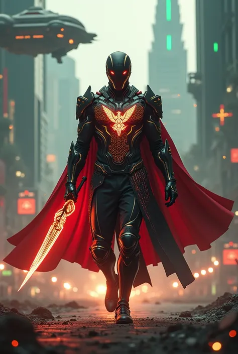 A mysterious male warrior inspired by the spirit of Indonesian unity strides boldly through a futuristic battlefield in the heart of Jakarta. His sleek armor is a fusion of black and glowing red, white, and gold, with intricate digital batik patterns pulsa...