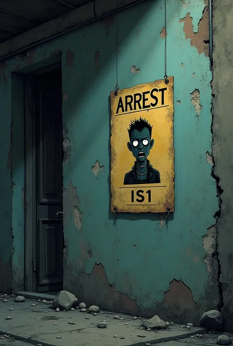 Picture of a wall in a slum city.There is an arrest notice saying IS1. Dark cartoon images. In the picture there is the word IS1.