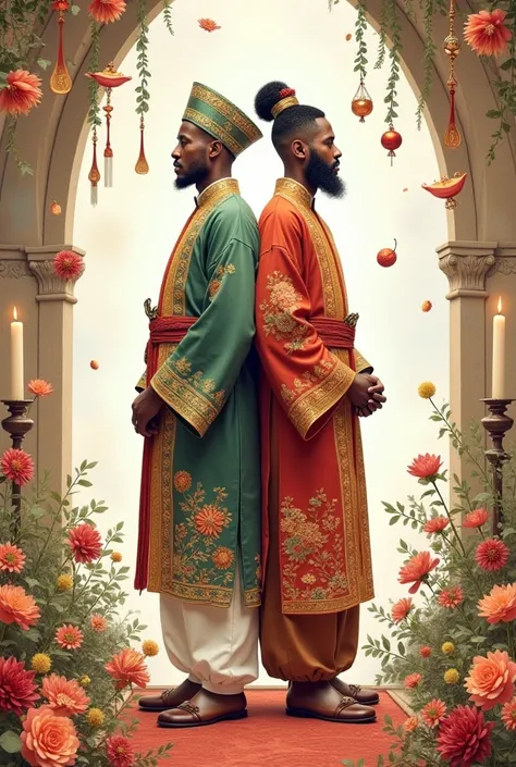 Two male groom and groom chef in traditional Nigerian and Asian fusion attire, standing back-to-back, surrounded by floating cooking ingredients and wedding decorations, medieval, watercolor style