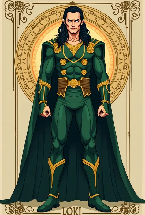 1 Loki, From DC Comics superheroes, Full body standing painting, (((solo))), Clear facial features, Simple line design, ((tarot card background, symmetric beauty)), perfectly symmetrical, The art of symmetry, Standing drawings of characters, ((flatcolors))...