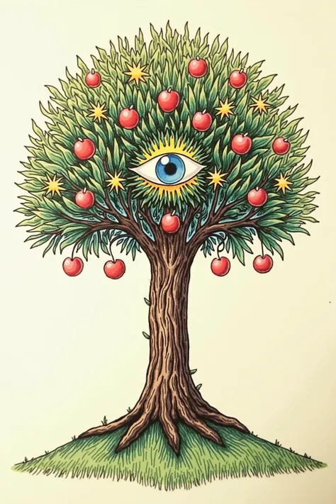 Draw the tree of knowledge standing on a hill. In the center of the tree pole is the all-seeing eye from Freemasonry. There should be 13 apples on it, which look like a mandala of the tree of knowledge, i.e. like a fractal