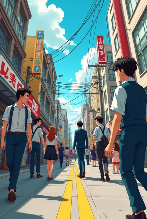 first person street where people walk, in comic style/anime 