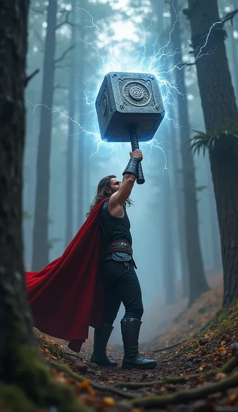 Mjolnir returning to Thors hand after a , " throw the hammer flying toward the god of thunder with electrical energy", " epoch of the Nine Kingdoms ", " metallic detail and runes shining ", "an Asgardian forest ", " crossing enemies while returning ", " tr...