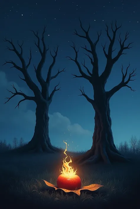 Its nighttime and there are two giant dead trees separated on top of a meadow  , On the ground there is a fire apple and a silver leaf shaped like a crescent that shines a lot , In the sky there are only stars  