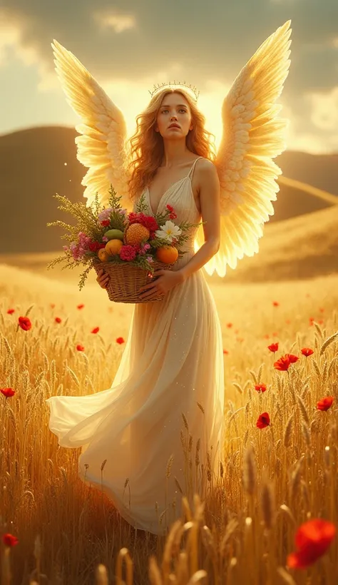  Spectacular beautiful golden angel with sparkles with a basket full of various flowers and fruits, in the middle of a field of golden wheat ears , con amapolas rojas en una colina