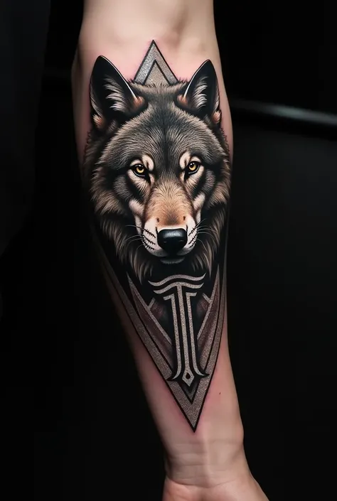  Tattoo for the left forearm that appear 3 things which are the face of a wolf or a lion,The letter T and some 5-pointed star  