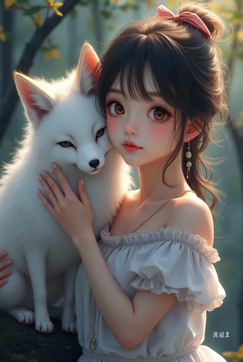 1girll，solo，（masterpiece：1.2），beautiful details，Extremely colorful，Exquisite details，s delicate face，eyes with brightness，The details are complex，Reality，Ultra photo realism，A very beautiful girl and a white-haired fox sitting on a branch：1.1，Large breasts...