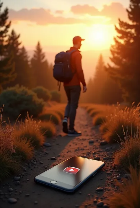 Create a photograph of a man on a trail ,  with a backpack on his back walking towards the sunrise and after the man,  at the beginning of the trail thrown on the ground are a tablet and a cell phone .  The tablet has the Instagram symbol and the cell phon...