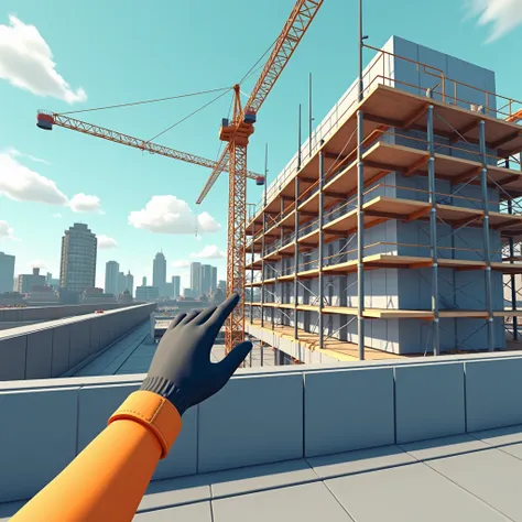 A VR interface designed in Inkscape vector style, depicting a construction site with scaffolding structures in focus and an under-construction building in the background. The scene highlights the process of inspecting scaffolding stability, with specific a...