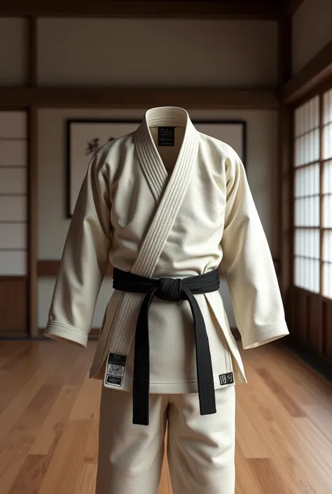 create an image of a judo kimono ,  with a black belt around the waist and a traditional dojo