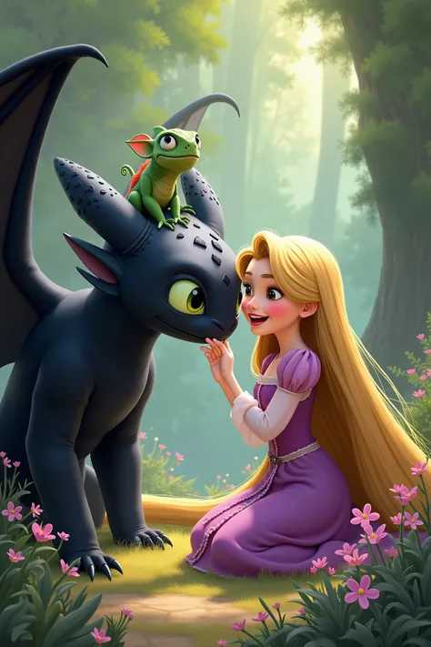 Rapunzel and Pascal playing with toothless