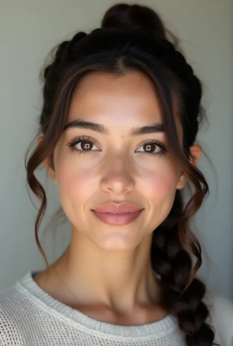 20 year old Latina with dark brown eyes and dark brown hair in close-up from the front with a ponytail and hair plated