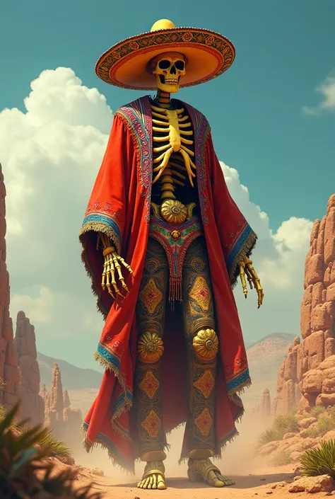 Super strong yellow skeleton which wearing mexican clothes