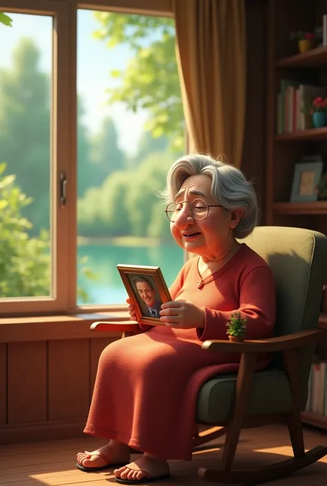 Make me image of old animated mom crying for his son because he is in abroad she is siting on a moving chair with his picture holding in his hand  a nice house of wood and outside window a nice beautiful lake and green lush garden realistic and animated th...