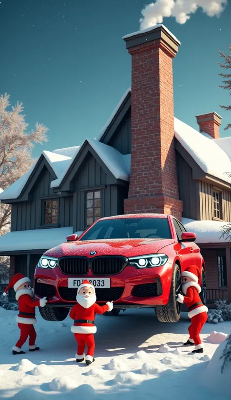 Santas are trying to put a life size BMW m5 f90 in red on the big chimney of the house video should be realistic 16x9 vertical