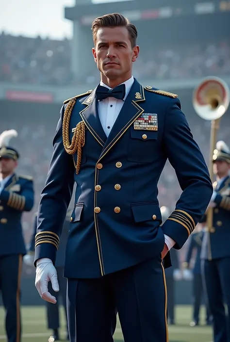 Marching band uniform, male, police color, grand, best looking, expensive, marching uniforms